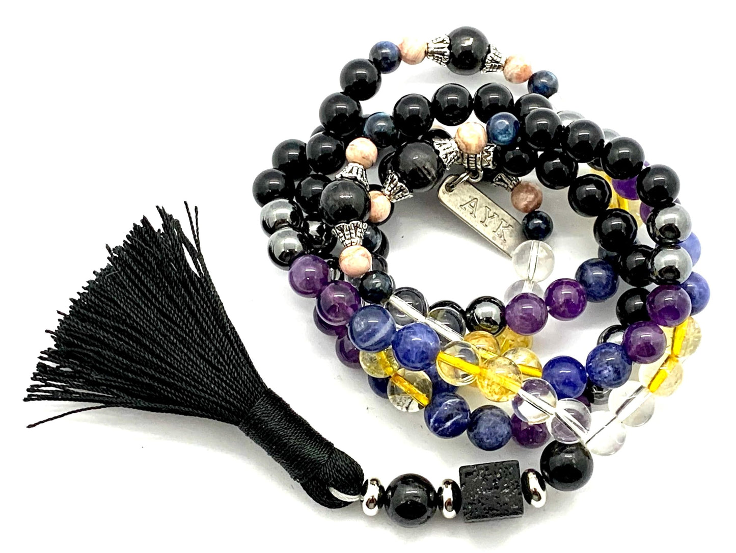 Saturn Retrograde Sanctuary Mala Beads Necklace – Black Tourmaline, Hematite, Clear Quartz, Citrine, Rhodochrosite | Empath Shield | Heart Chakra | November & February Birthstones