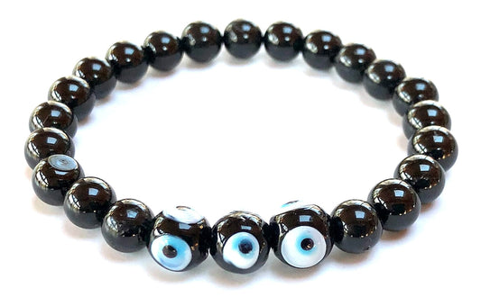 Black Tourmaline & Evil Eye Stretch Bracelet – Birthstone for October, Sun Sign Scorpio & Libra, Root Chakra