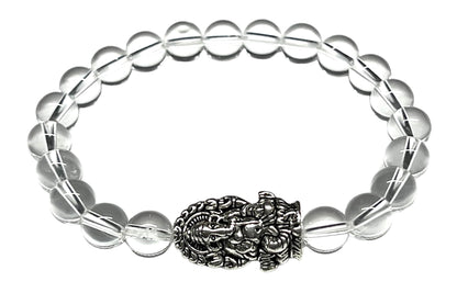 Handmade 8mm Clear Crystal Quartz Stretch Bracelet w/God Ganesha Ganesh Accent | Birthstone for April | Crown Chakra