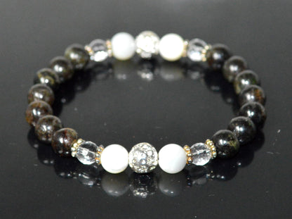 Astrophyllite, Crystal Quartz, Lava & Mother of Pearl Stretch Bracelet - Birthstone for April & June - Zodiac Sun Sign for Aries, Taurus, Gemini Cancer - Crown Chakra