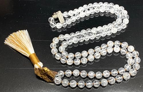 Handmade Himalayan Ice Crystal Quartz Mala Beads Necklace – Pyrite Guru Bead | 8mm 108 Beads | Crown & Solar Plexus Chakras | April Birthstone Energy | Ethically Sourced