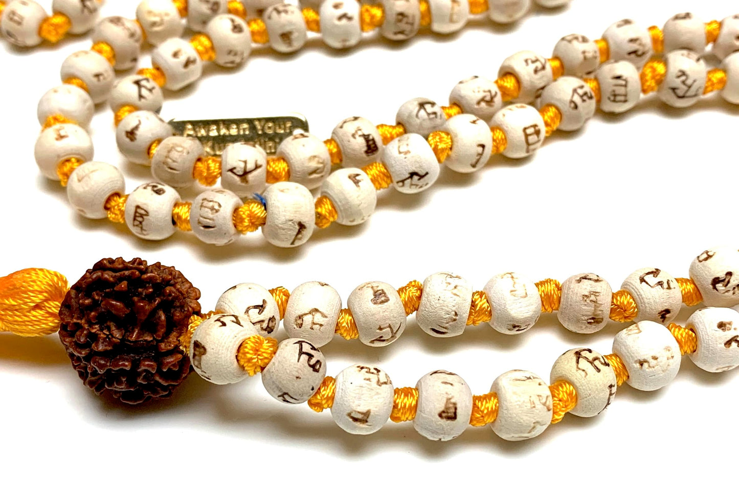 Tulsi Mala Beads Necklace w/ 5 Mukhi Rudraksha – 8mm Beads with "Ram" Inscription – Root Chakra & Aries Birthstone – Meditation Jewelry