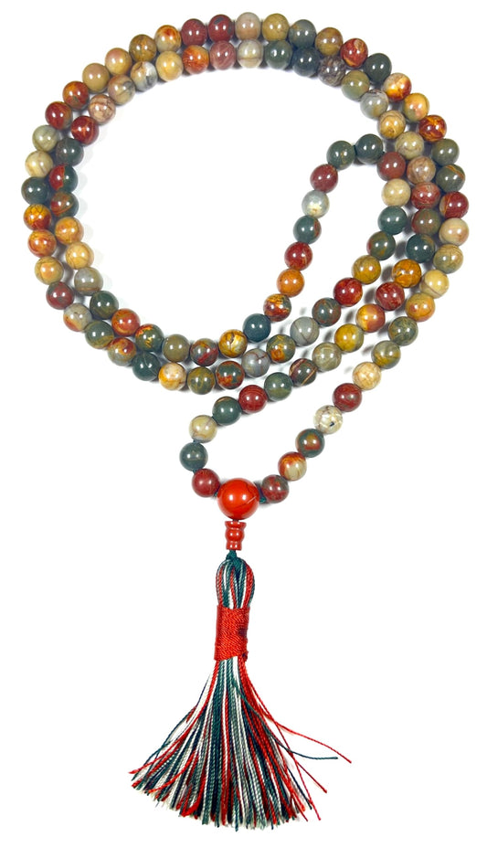 Natural Rhyolite Mala Beads Necklace - AAA Grade 8mm, 108 Beads – Sacred Meditation & Yoga Prayer Beads – Taurus Birthstone & Heart Chakra Energy Beads