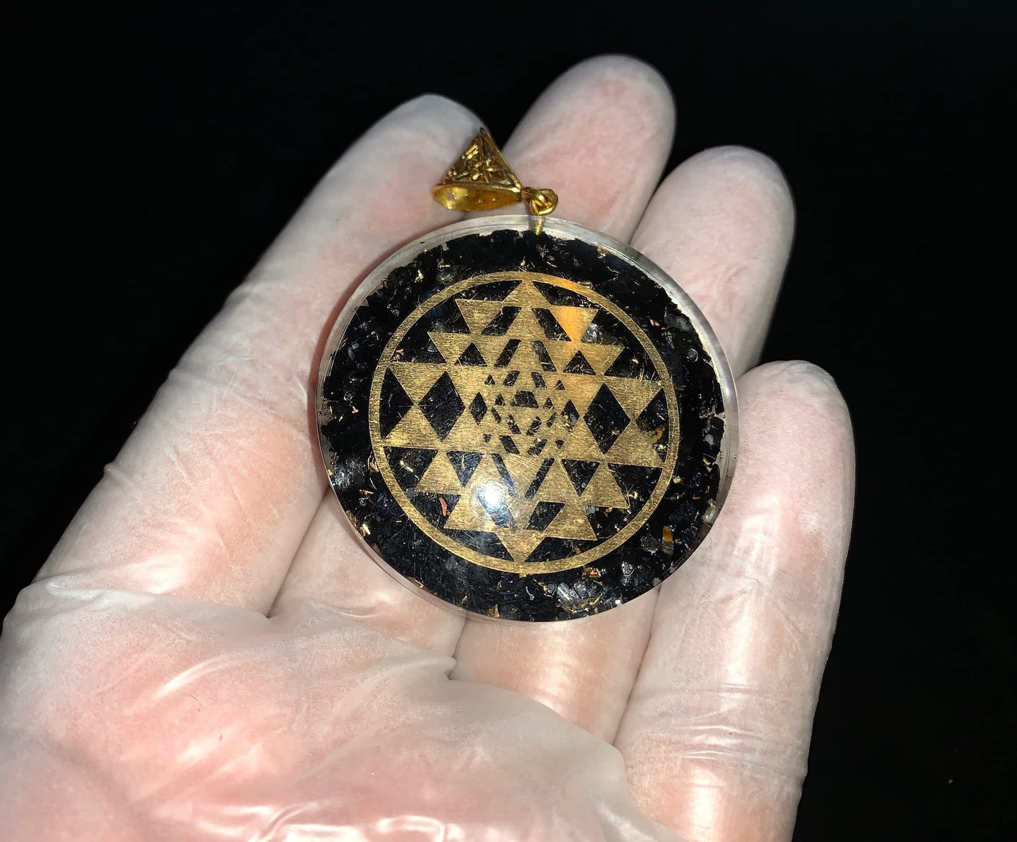 Shungite Sri Yantra Orgone Pendant Necklace, Aquarius Gemstone, Root & Crown Chakra