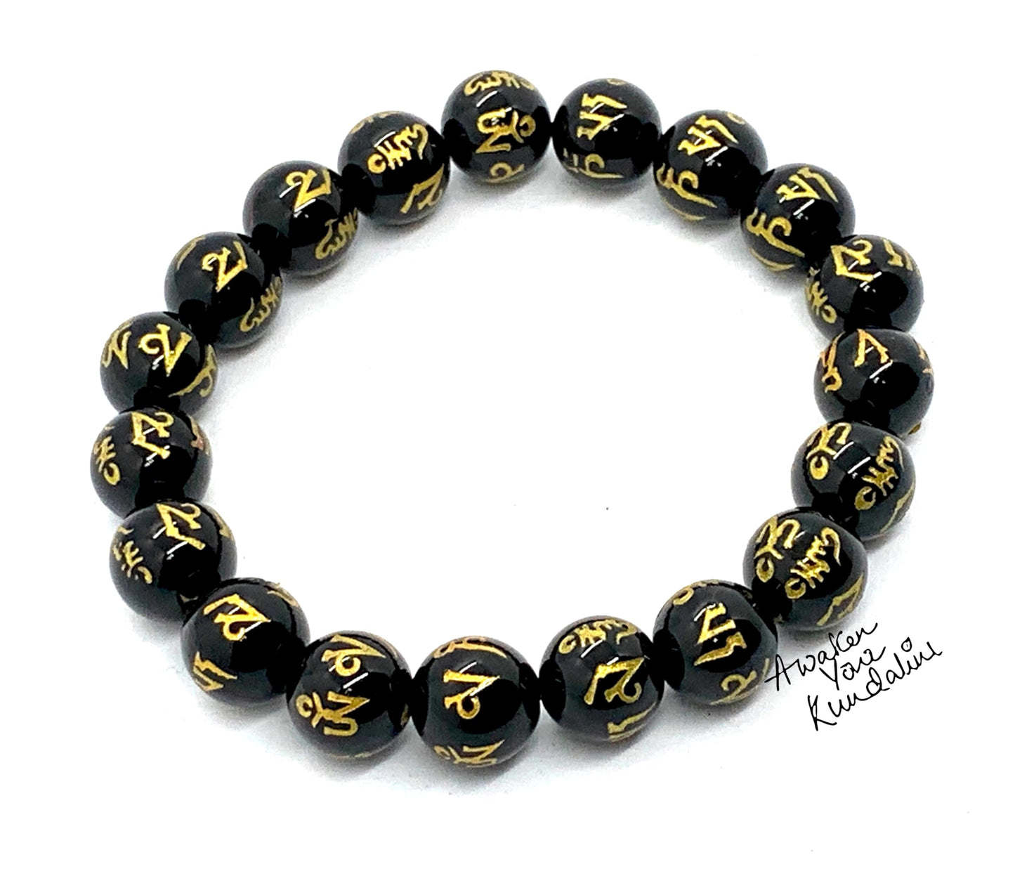 Black Obsidian Buddhist Prayer Beads Stretch Bracelet - Om Mani Padme Hum Mantra Etched Beads - Scorpio Birthstones for October-November - Root Chakra