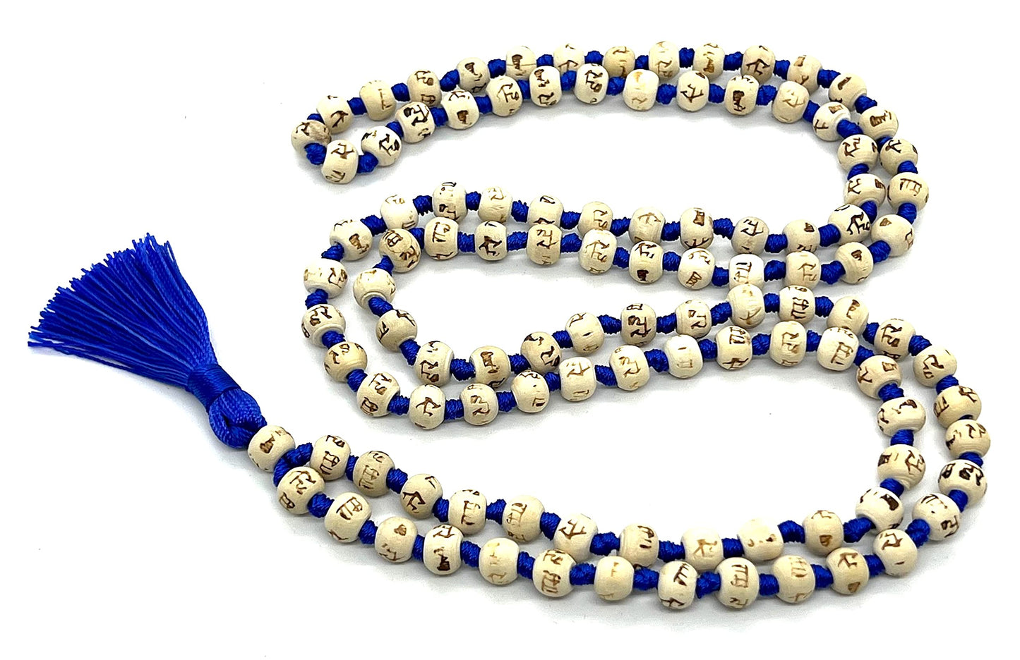 AWAKEN YOUR KUNDALINI Hand Knotted 8mm Tulsi Mala Necklace - Gemini Sun Sign, Heart Chakra Alignment, Ram Engraving, Blue String & Tassel