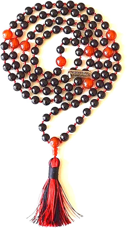 AWAKEN YOUR KUNDALINI Hand Knotted Black Tourmaline & Carnelian Mala Beads Necklace - Birthstone for Leo, Root and Sacral Chakra
