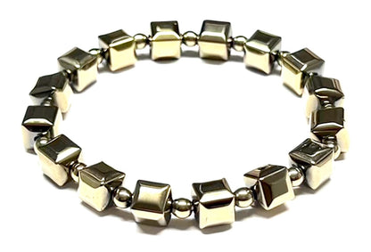 Handmade Pyrite Stretch Bracelet – 8mm Cube and Round Beads – Leo Birthstone – Solar Plexus Chakra – Approx. 7 Inch Wrist Size