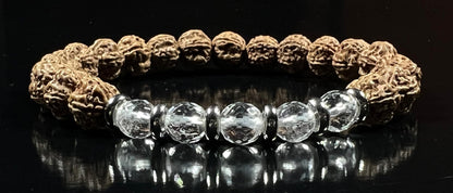 5 Mukhi Chikna Rudraksha Bracelet with Crystal Quartz | Stretch Beads for Balance & Clarity
