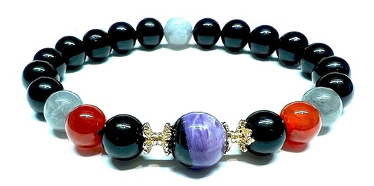 Empath Support Stretch Bracelet - Black Tourmaline, Labradorite, Carnelian, Charoite - 8mm Beads - Multiple Birthstone & Chakra Association