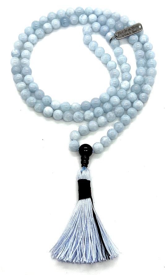 AURA Aquamarine & Black Onyx Mala Necklace | 108 Hand-Knotted Beads for Clarity, Grounding & Compassion | Throat & Root Chakra | Pisces Birthstone | Handmade in USA