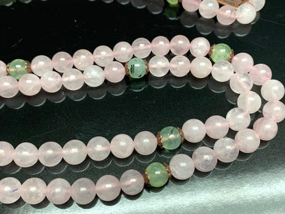 Handmade Blossoming Heart Mala – Rose Quartz & Prehnite Beads | 8mm 108 Beads | September & October Birthstones | Ethically Sourced