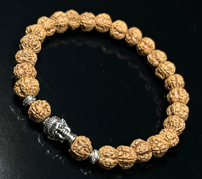 Cultivate Inner Peace: Handmade 5 Mukhi Rudraksha & Buddha Head Bracelet (8mm) - Root Chakra Balance & Universal Birthstone