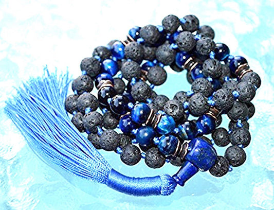 VULCAN Blue Tiger’s Eye & Lava Mala Necklace | 108 Beads for Grounding & Focus