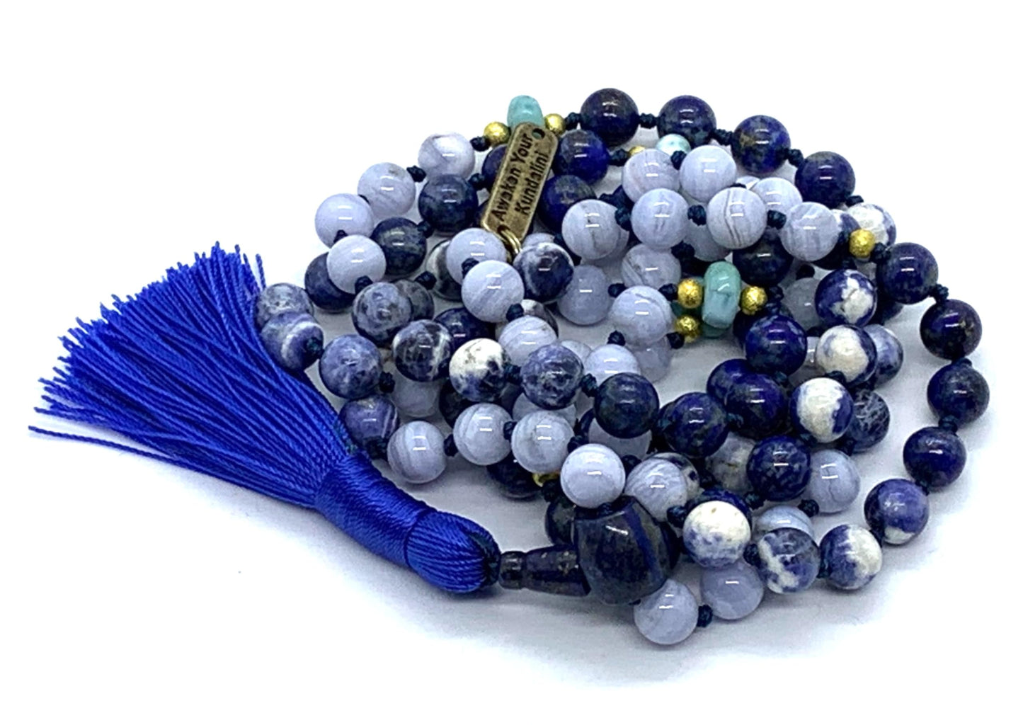 Hand Knotted Oceanic Wisdom Mala Necklace – Lapis Lazuli, Sodalite, Blue Lace Agate & Amazonite | 8mm 108 Beads | September & December Birthstones | Throat & Third Eye Chakras | Ethically Sourced