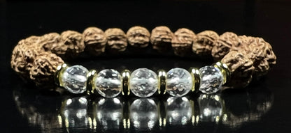 5 Mukhi Chikna Rudraksha Bracelet with Crystal Quartz | Stretch Beads for Balance & Clarity