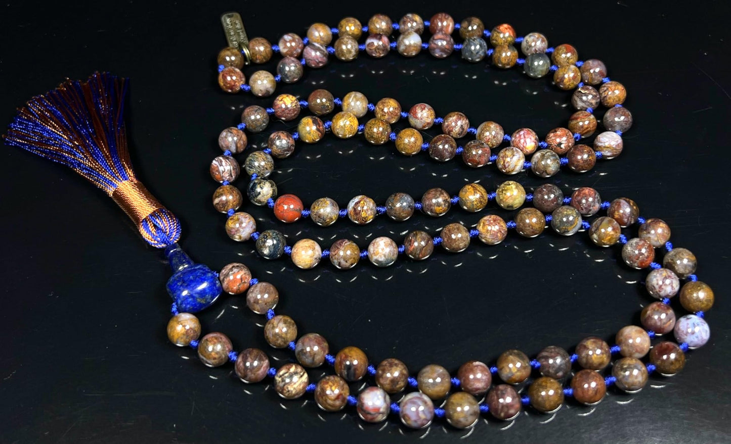 Hand Knotted Pietersite Mala Necklace – 8mm | 108 Beads | Third Eye & Solar Plexus Chakras | September Birthstone Energy | Ethically Sourced