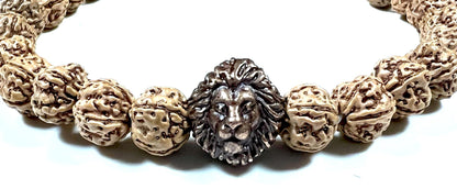 Unleash Inner Strength & Grounding: Handmade 5 Mukhi Rudraksha & Bronze Polished Lion Head Bracelet (8mm) - Root Chakra & Universal Birthstone
