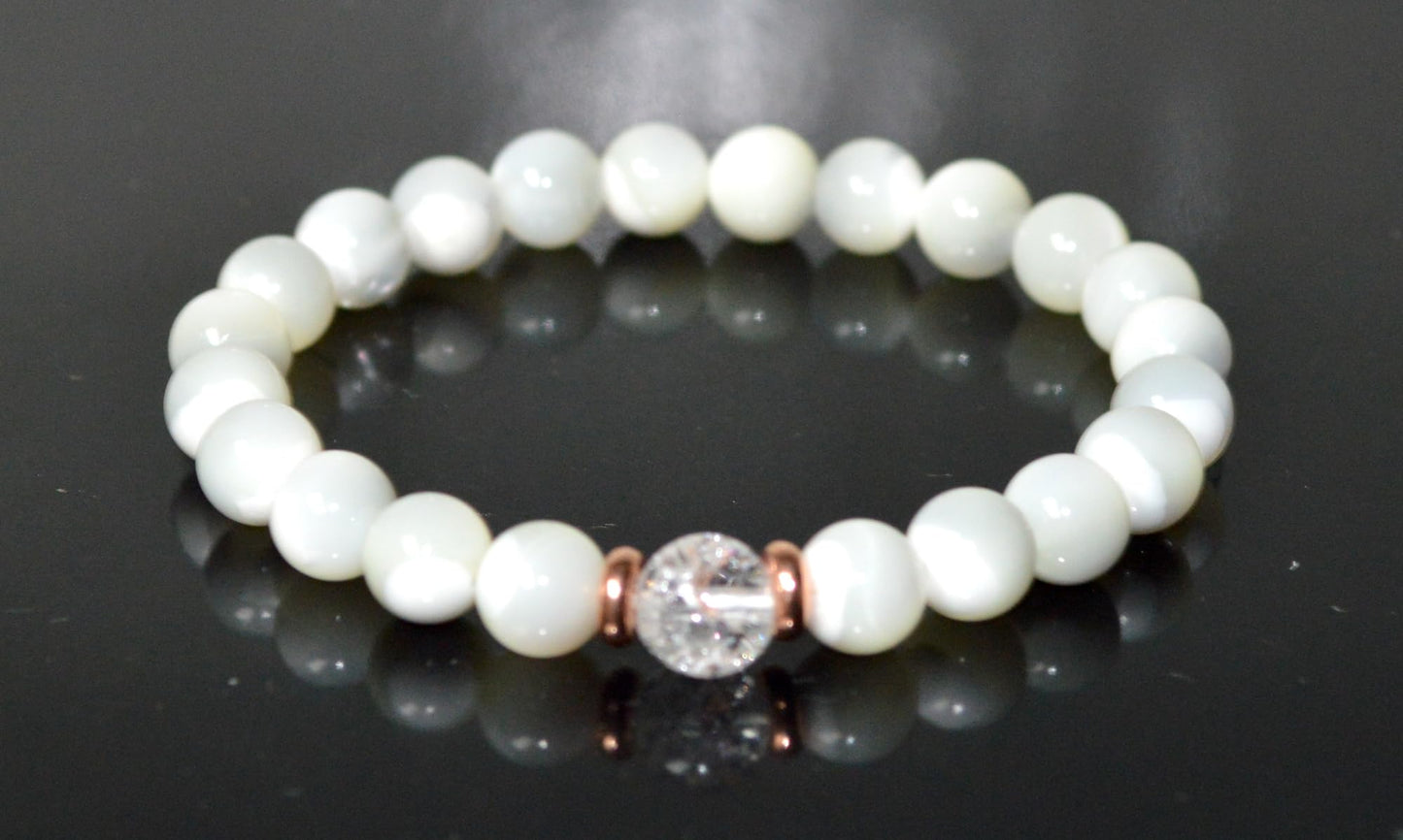 Mother of Pearl & Himalayan Ice Crystal Quartz Bracelet - Gemini & Cancer Birthstone - Heart & Crown Chakra Jewelry