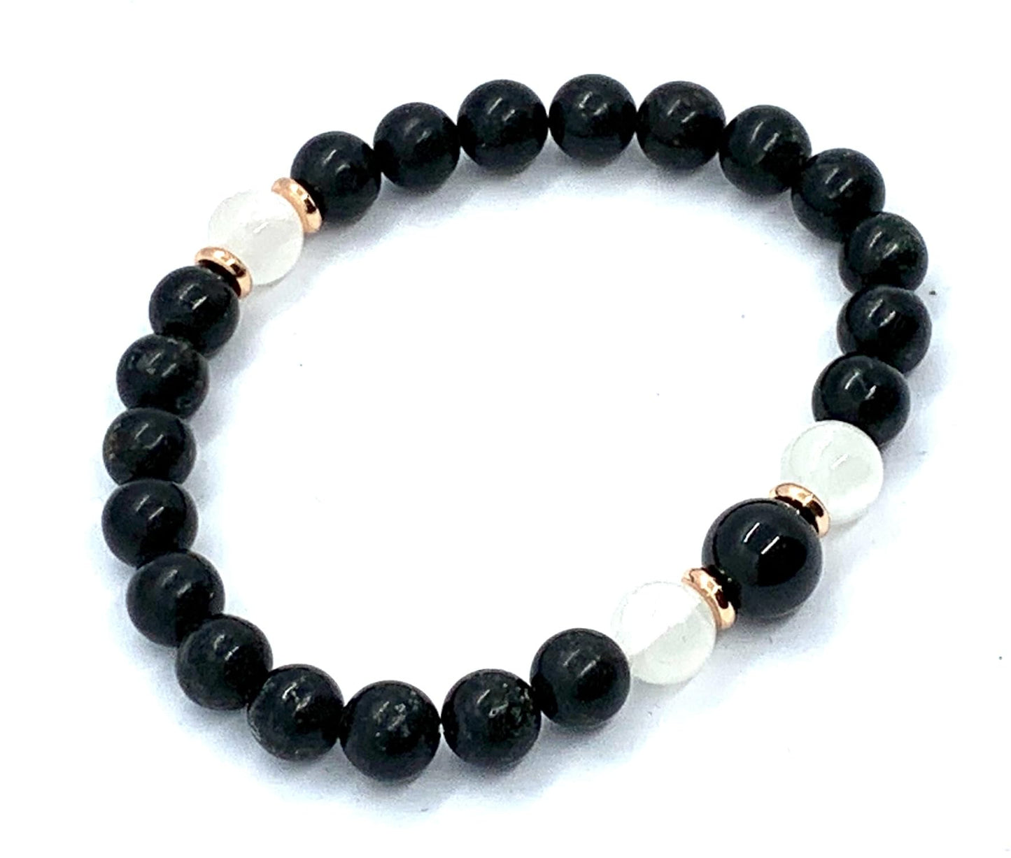 Black Tourmaline and Selenite Stretch Bracelet - October Birthstone for Libra - Root and Crown Chakra Jewelry - Protection Stones