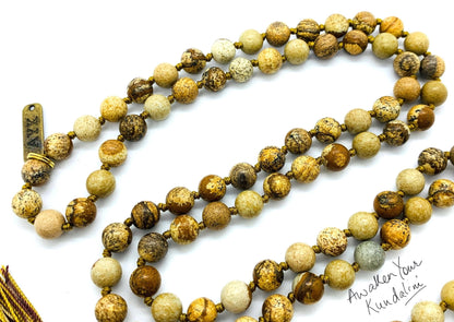 Hand-Knotted Picture Jasper Mala Beads Necklace – 8mm 108 Beads – Root Chakra & Virgo Birthstone – Meditation Jewelry
