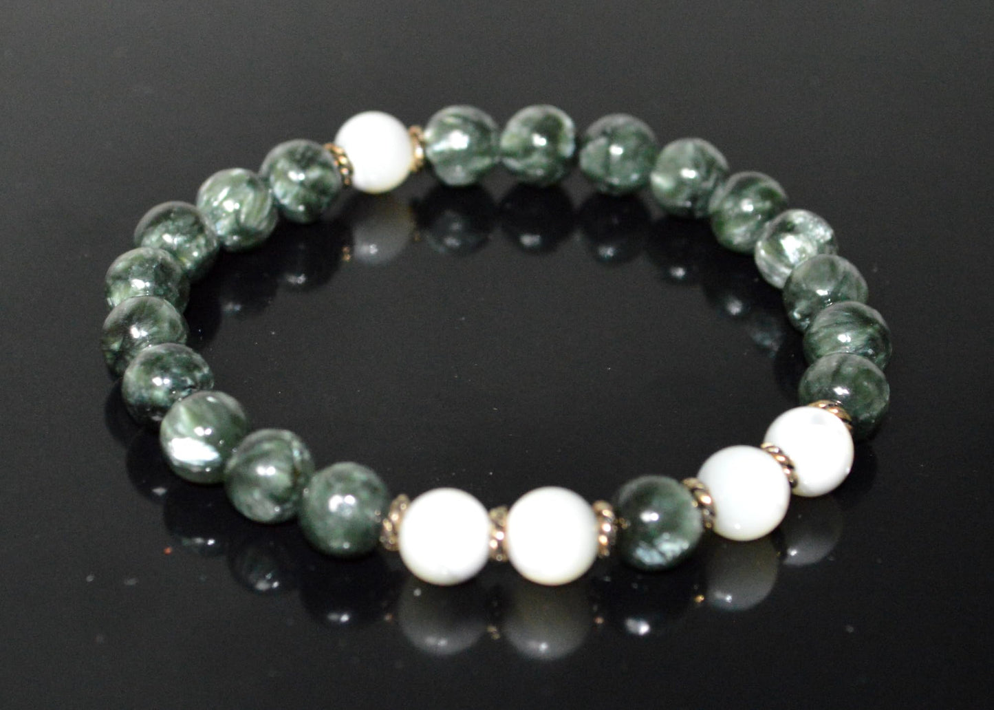 Seraphinite and Mother of Pearl Beads Stretch Bracelet - Universal Birthstone - Heart Chakra Jewelry