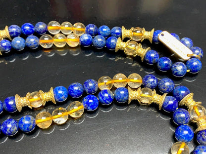 Handmade Golden Wisdom Mala Necklace – Citrine & Lapis Lazuli | 8mm 108 Beads | Solar Plexus & Throat Chakras | November & September Birthstones | Ethically Sourced