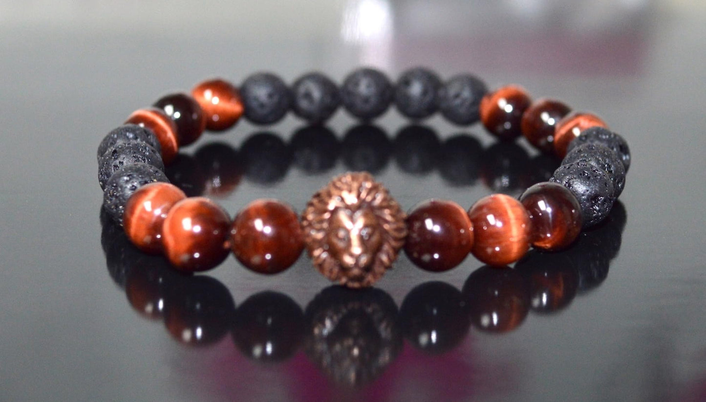Red Tiger's Eye and Lava Rock Beads Stretch Bracelet with Bronze Finish Lion Head – Root Chakra, Universal Birthstone