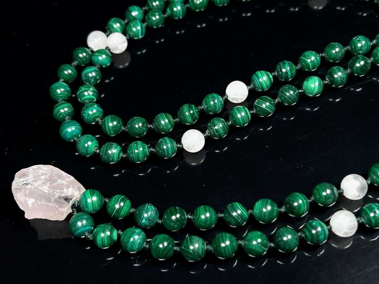 Malachite, Rose Quartz & Selenite Mala Necklace | GAIA Collection