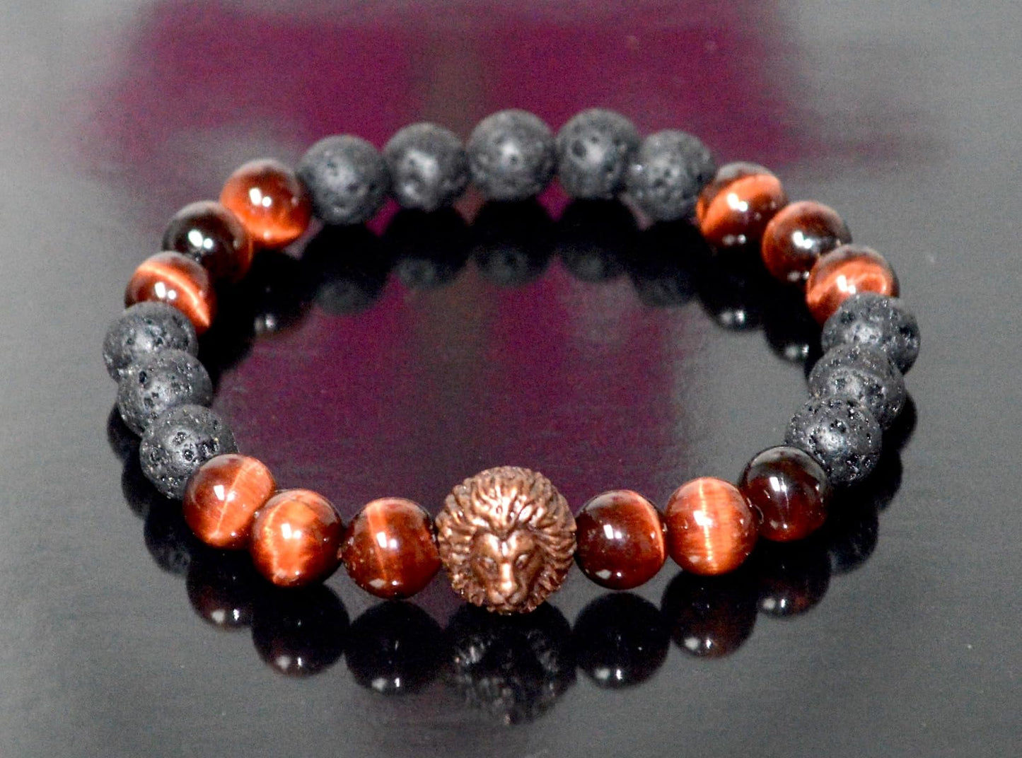 Red Tiger's Eye and Lava Rock Beads Stretch Bracelet with Bronze Finish Lion Head – Root Chakra, Universal Birthstone