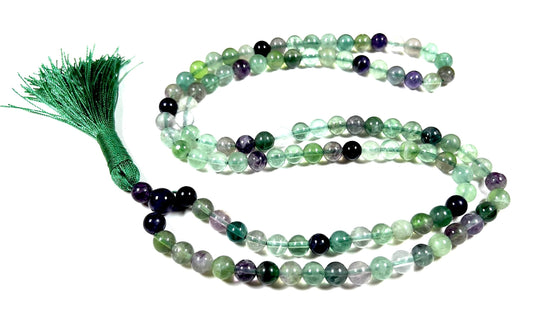 Handmade Rainbow Fluorite Mala Beads Necklace – 6mm & 8mm 108 Beads – Pisces Birthstone – Third Eye & Crown Chakra
