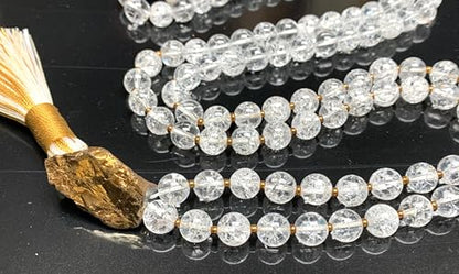 Handmade Himalayan Ice Crystal Quartz Mala Beads Necklace – Pyrite Guru Bead | 8mm 108 Beads | Crown & Solar Plexus Chakras | April Birthstone Energy | Ethically Sourced