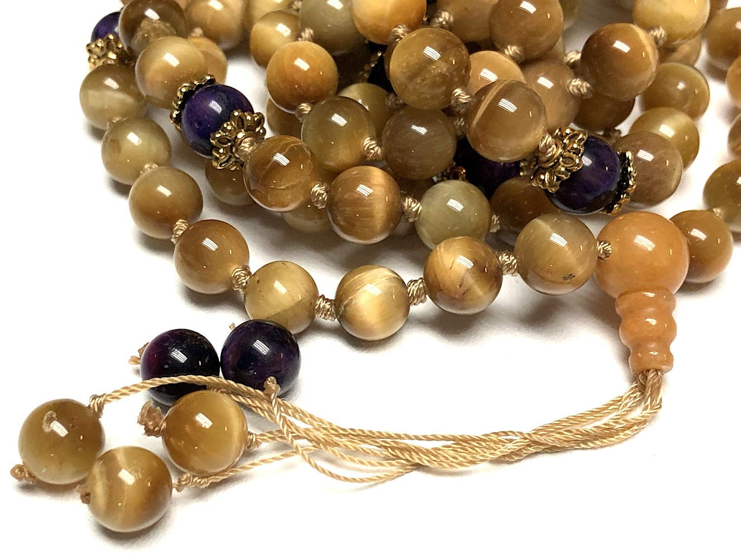 Hand-knotted Golden & Purple Tiger's Eye Mala Beads Necklace - Leo & Sagittarius Birthstone, Astrological Sun Sign Necklace, Solar Plexus & Crown Chakra