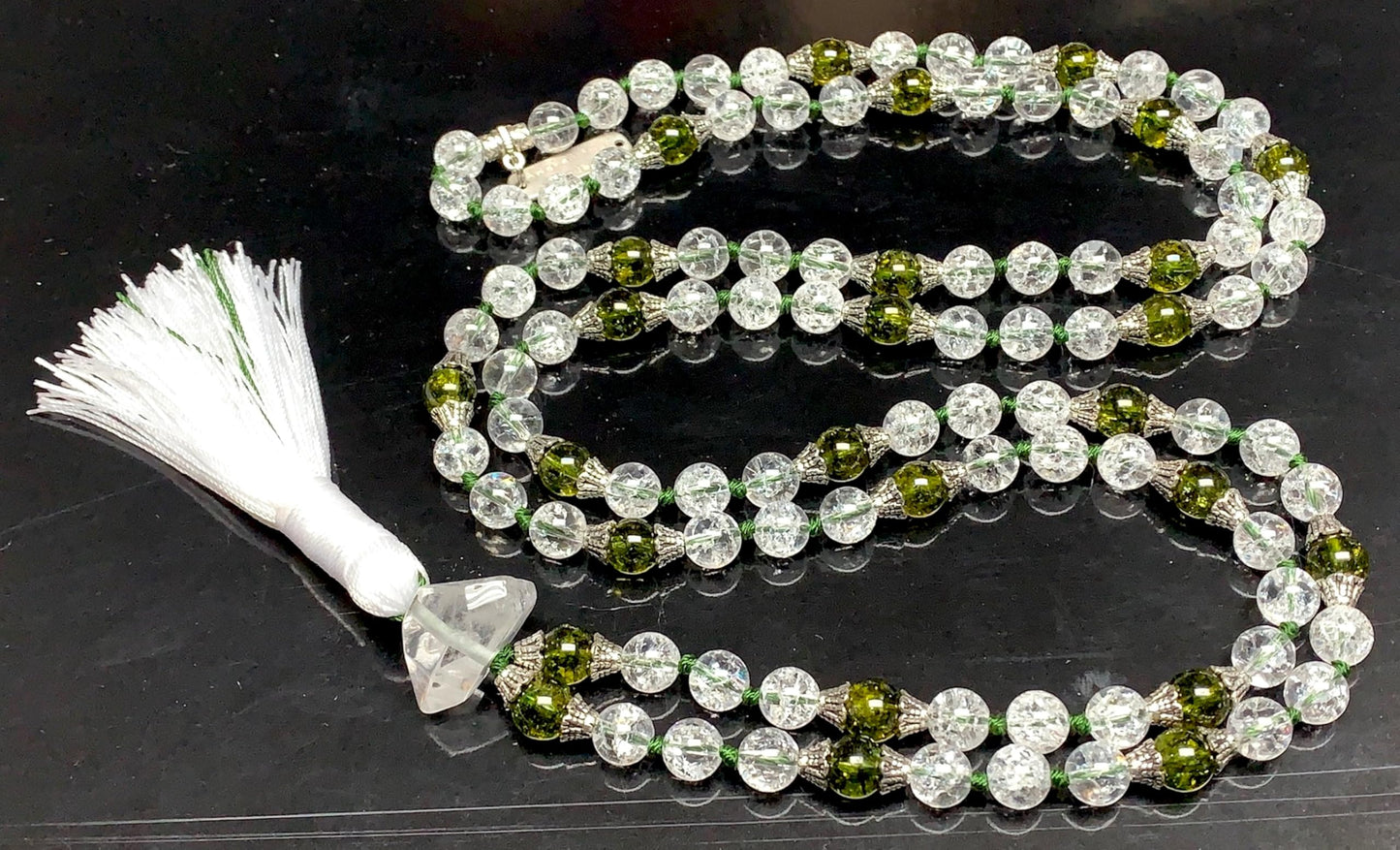 Himalayan Nirvana Mala Beaded Necklace – 8mm Ice Quartz & Peridot Beads | 8mm 108 Beads | Crown & Heart Chakras | August Birthstone Energy | Ethically Sourced