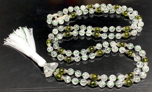 Himalayan Nirvana Mala Beaded Necklace – 8mm Ice Quartz & Peridot Beads | 8mm 108 Beads | Crown & Heart Chakras | August Birthstone Energy | Ethically Sourced