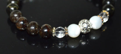Astrophyllite, Crystal Quartz, Lava & Mother of Pearl Stretch Bracelet - Birthstone for April & June - Zodiac Sun Sign for Aries, Taurus, Gemini Cancer - Crown Chakra