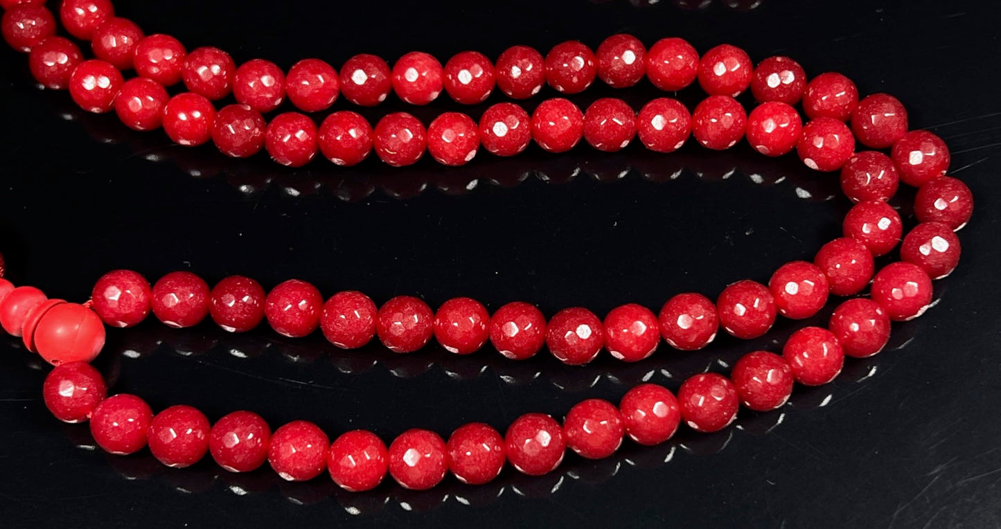 Faceted Red Agate Mala Beads Necklace, 8mm 108 Beads – September Birthstone, Virgo Jewelry, Root Chakra