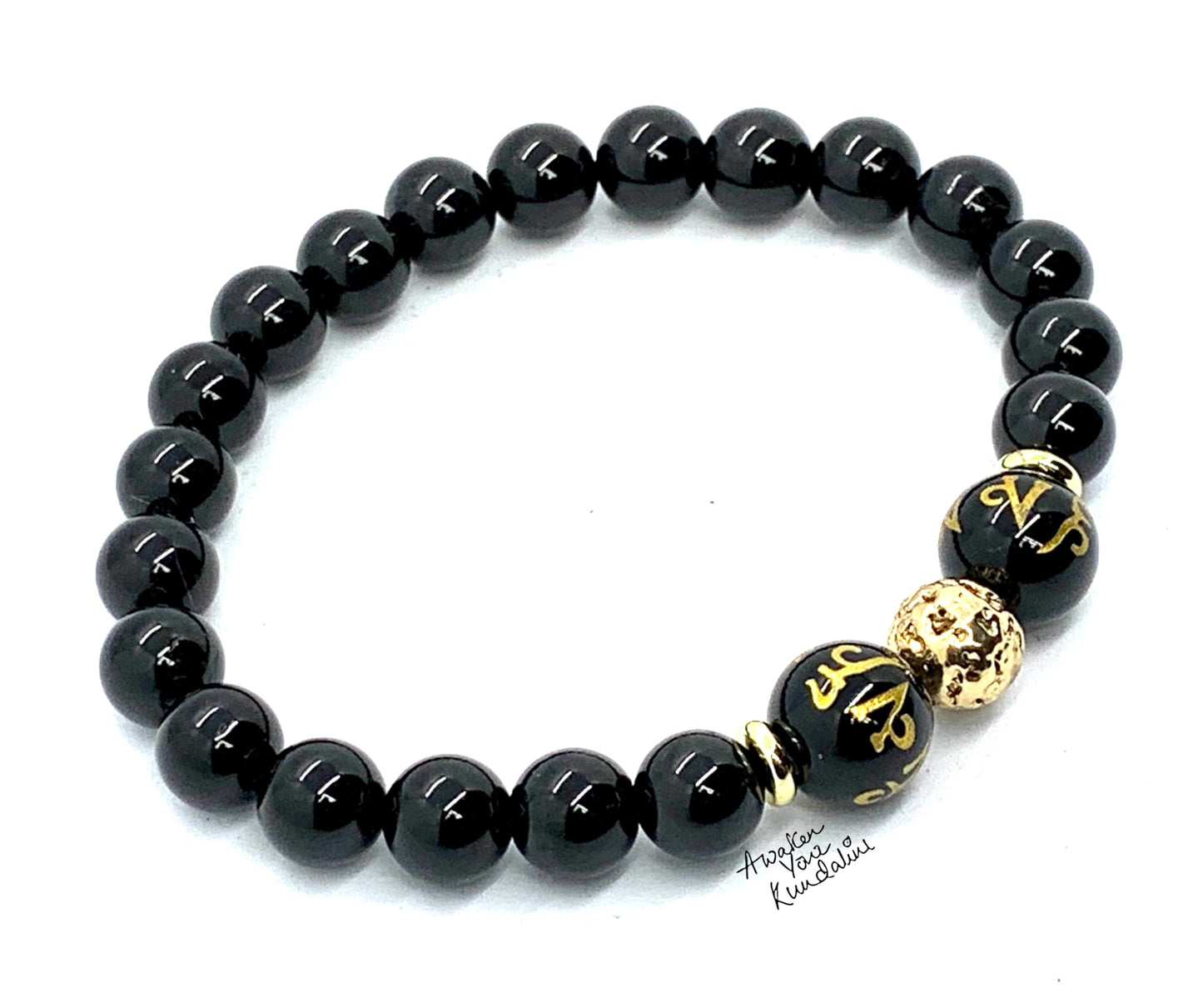 Black Obsidian Mala Bracelet with Engraved Buddhist Mantra - 10mm Crystals - October-November Birthstone for Scorpio - Root Chakra Balancing