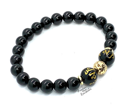 Black Obsidian Mala Bracelet with Engraved Buddhist Mantra - 10mm Crystals - October-November Birthstone for Scorpio - Root Chakra Balancing