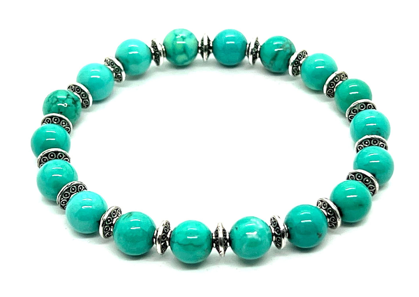 Handmade Turquoise Stretch Bracelet (8mm Beads, Silver Spacers) - Sagittarius Birthstone, Zodiac Sign, and Throat Chakra - Wrist Size Approx. 7 Inches