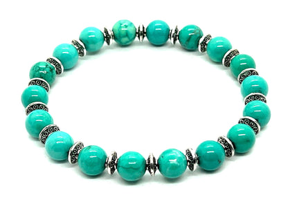 Handmade Turquoise Stretch Bracelet (8mm Beads, Silver Spacers) - Sagittarius Birthstone, Zodiac Sign, and Throat Chakra - Wrist Size Approx. 7 Inches