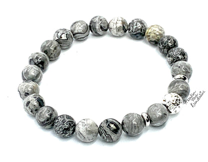 Scenic Jasper & Lava Rock Stretch Bracelet – Adjustable Size 5.5-9.5 Inches – Birthstone for Virgo & Libra - Root & Sacral Chakra