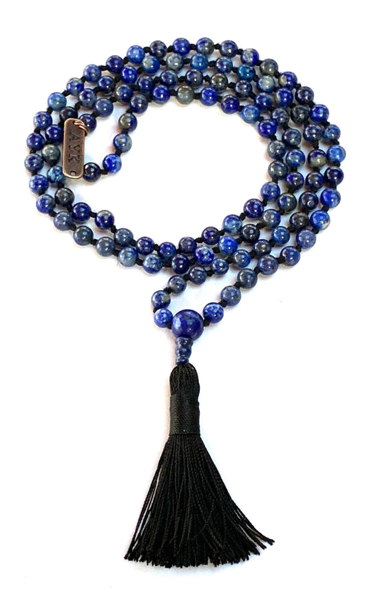 AWAKEN YOUR KUNDALINI Hand Knotted Lapis Lazuli Mala Necklace - 8mm Bead Size - Birthstone Sagittarius Sun Sign - Astrological Sign Pisces - Third Eye Chakra