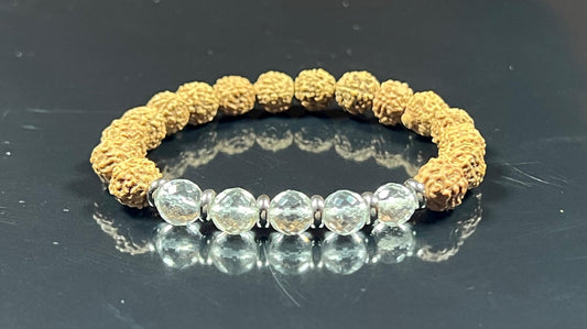 5 Mukhi (five faces) Chikna Rudraksha and Crystal Quartz Stretch Bracelet | Birthstone for April, Taurus Sun Sign | Crown Chakra (Wrist Size 5.5 Inches)