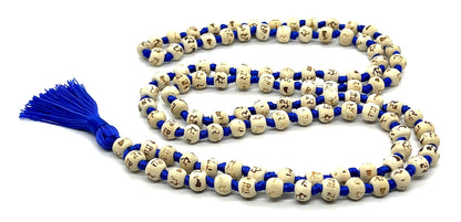 AWAKEN YOUR KUNDALINI Hand Knotted 8mm Tulsi Mala Necklace - Gemini Sun Sign, Heart Chakra Alignment, Ram Engraving, Blue String & Tassel