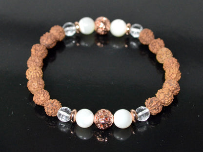 5 Mukhi Chikna Rudraksha, Crystal Quartz, Mother of Pearl and Lava Stretch Bracelet - April Birthstone for Aries, Taurus - Root & Crown Chakra Alignment