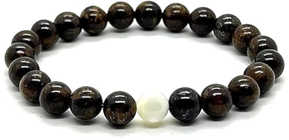 Balance & Harmony: Bronzite & Mother of Pearl Stretch Bracelet (8mm Beads) - Taurus & Gemini Birthstones