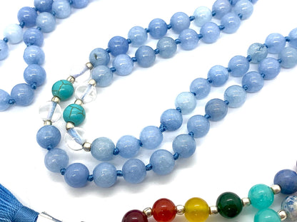 Energized 7 Chakra mala Hand Knotted 108 mala beads necklaces - Japa mala - Buddhist prayer beads - Meditation beads - Healing crystals for men women (Sky Blue Jade 5th chakra Throat chakra mala)