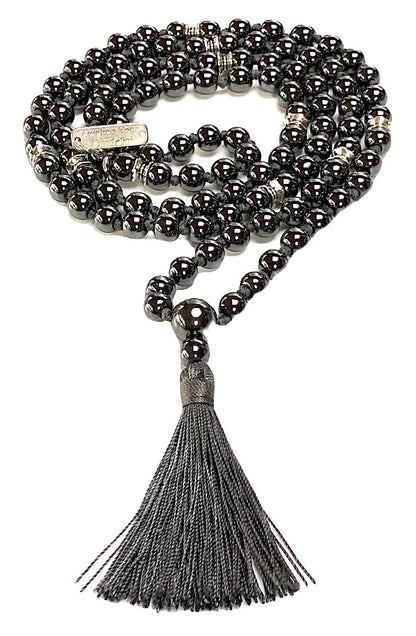 FEROX Hematite Mala Necklace | 108 Hand-Knotted 8mm Beads for Grounding, Focus & Protection | Root Chakra Healing | Aries Birthstone | Handmade in USA
