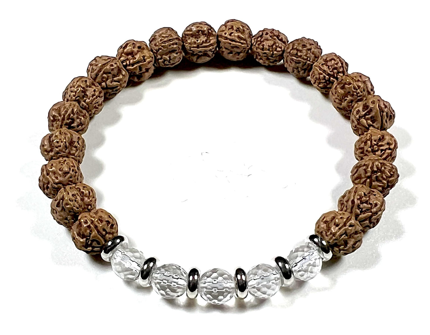 5 Mukhi Chikna Rudraksha Bracelet with Crystal Quartz | Stretch Beads for Balance & Clarity